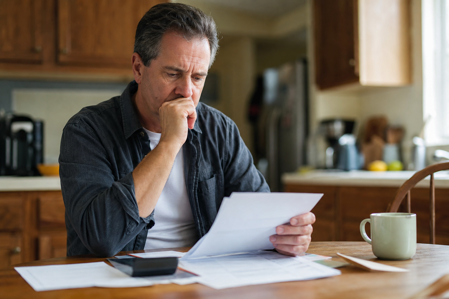 Homeowner reviewing paperwork, considering selling